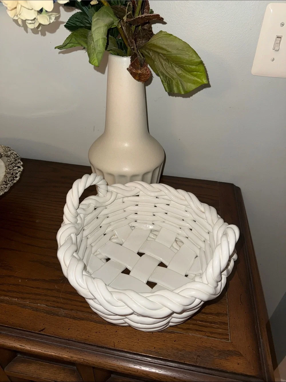 White Ceramic Woven Basket / Bread Decorative Bowl Stamped Made in Italy